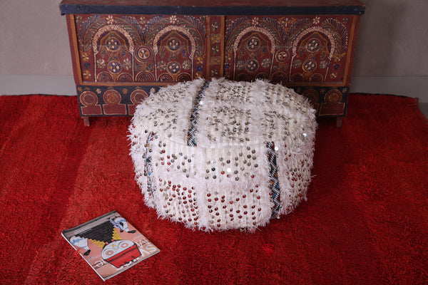 Round Moroccan Berber Handwoven Kilim Pouf | Traditional Wool Pouf