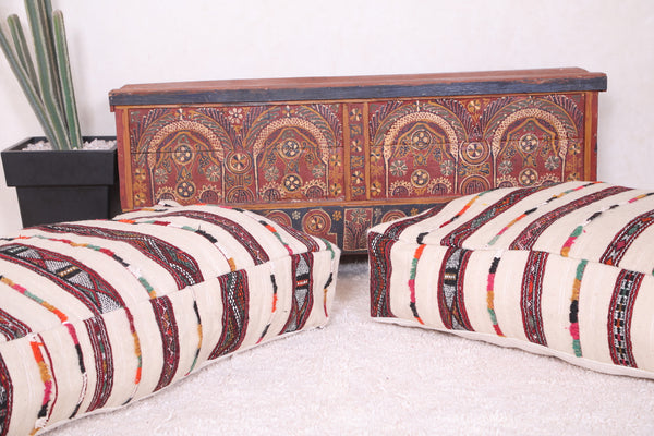 Set of Two Handmade Vintage Berber Flatwoven Rug Poufs – Moroccan Ottoman