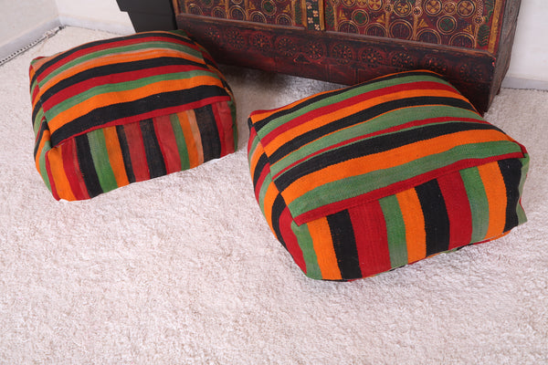 Two Colorful Berber Moroccan Kilim Rug Poufs | Handwoven Wool Poufs