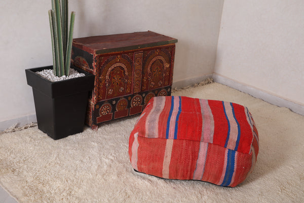 Handwoven Moroccan Kilim Pouf - Red and Blue Berber Floor Cushion