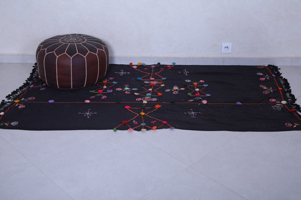 Vintage handwoven berber black fabric 3.7 FT x 6.5 FT – Authentic Moroccan textile