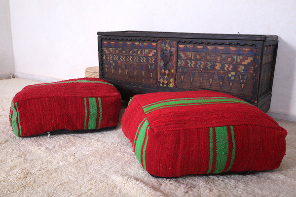 Set of two berber Moroccan red kilim flatwoven poufs - Handcrafted cushions