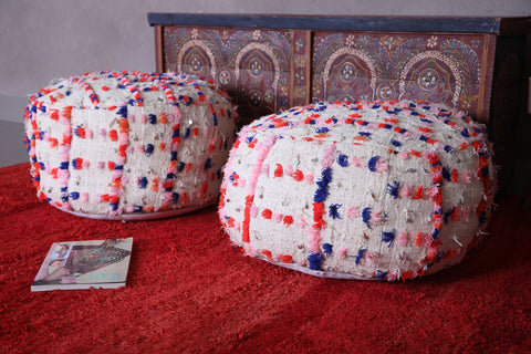Two Moroccan handmade berber kilim rug poufs