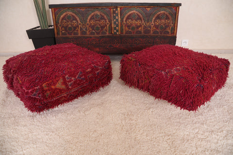 Two red handmade moroccan berber azilal red poufs
