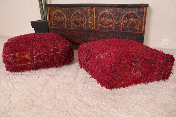 Two red handmade moroccan berber azilal red poufs