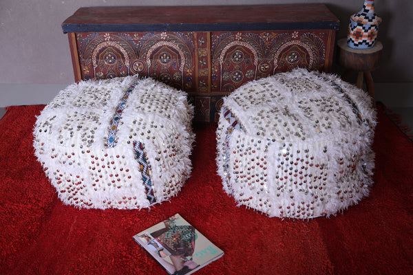 Two Moroccan round berber handmade kilim rug poufs | Artisan craft & geometric patterns