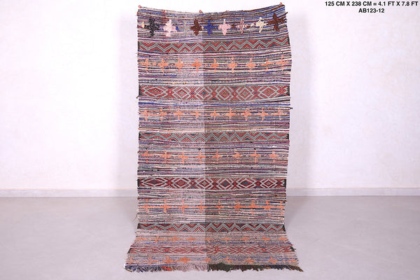 Old flatwoven berber Moroccan rug – 4.1 x 7.8 FT | Vintage handcrafted artistry | Timeless home decor