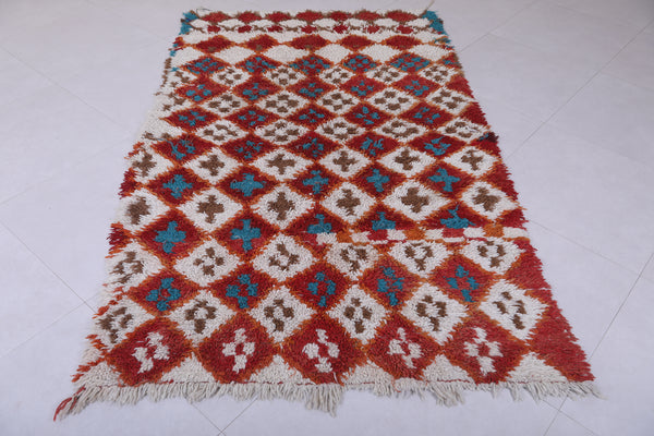 4.5 x 7.5 ft Moroccan Berber Rug – Vibrant Red and Turquoise Diamond Pattern