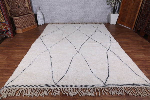 White wool Moroccan rug with black patterns - Custom handwoven elegance