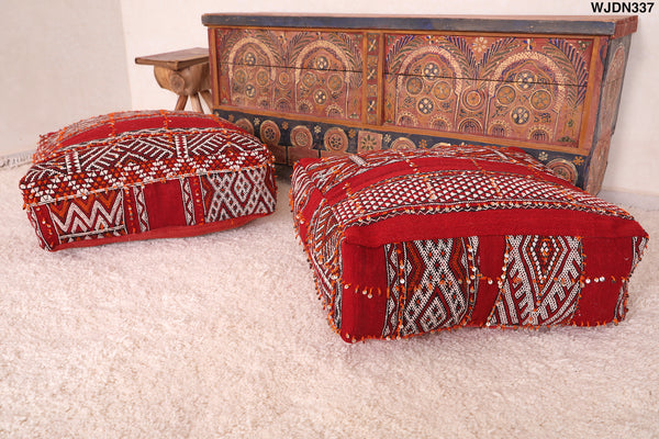 Two berber handmade Moroccan vintage rug kilim poufs – Traditional woven poufs for home decor